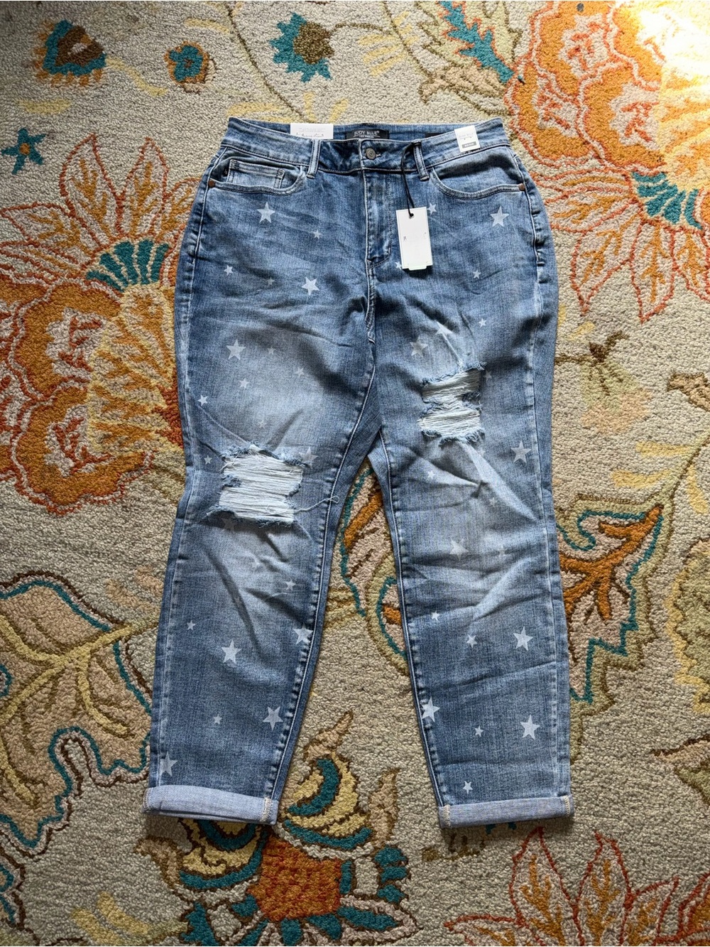 NWT Judy Blue Star Print Distressed Boyfriend Jeans Size 14W Stretch Boho